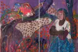 Mostaff Muchawaya, Abstract Landscape with Figure, diptych, mixed media on unstretched canvas