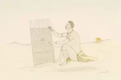 Jabulani Ntuli, Man Making a Door for his New House with a Plant Growing on a Mountain, watercolour and pencil on paper