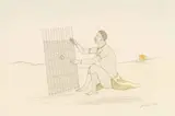 Jabulani Ntuli, Man Making a Door for his New House with a Plant Growing on a Mountain, watercolour and pencil on paper