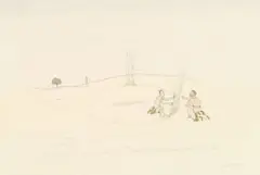 Jabulani Ntuli, Figures Building a New Hut, watercolour and pencil on paper
