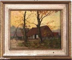 Bernard Medema, Drentsche boerderij, Bernard Medema, olieverf op paneel, Drentsche boerderij, 28x18cm