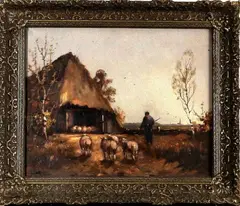 Louise Hartman, schapenkooi met herder, Louise Hartman (1905-1970), olieverf op linnen, schapenkooi met herder, 40x50cm