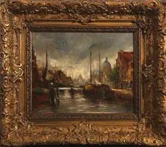 v. Beek, stadsgezicht A'dam, Beek, olieverf op paneel, stadsgezicht Amsterdam 24x30cm