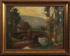 A. van Dijk, brug en rivier, A. van Dijk, olieverf op linnen, landschap met brug en rivier (Belgie)