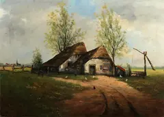 A. Sleeswijk, boerenhoeve, Sleeswijk olieverf op linnen, boerenhoeve met drenkput