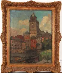 Frans Hoos, stadsgezicht, Frans Hoos (Den Haag 1884 - 1966), olieverf op linnen, stadsgezicht 40x50cm