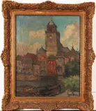 Frans Hoos, stadsgezicht, Frans Hoos (Den Haag 1884 - 1966), olieverf op linnen, stadsgezicht 40x50cm