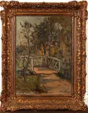 Frans Hoos, Bruggetje, Frans Hoos (Den Haag 1884 - 1966), olieverf op linnen, "Bruggetje" 30x40cm