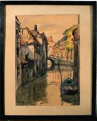 B. Viegers, stadsgezicht, Ben Viegers (Den Haag 1886 - 1947 Nunspeet), gemengde techniek op papier, stadsgezicht met gracht 18x26cm