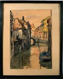 B. Viegers, stadsgezicht, Ben Viegers (Den Haag 1886 - 1947 Nunspeet), gemengde techniek op papier, stadsgezicht met gracht 18x26cm