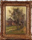 Frans Hoos, landschap met knotwilgen, Frans Hoos (Den Haag 1884 - 1966), olieverf op linnen, landschap met knotwilgen 30x40cm