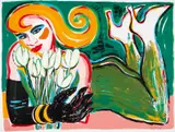 Elvira Bach, Liegende mit Tulpen, Farbserigrafie auf Karton