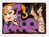 Elvira Bach, Liegende im violetten Kleid, Farbserigrafie auf Karton