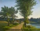 Andreas Juuel, Dänische Sommerlandschaft mit Reitern auf der Landstrasse, Öl auf Leinwand