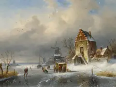 Charles Leickert, Wintertag auf dem Eis, Öl auf Holz