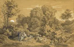 Frühlingsabend mit Vollmond by Ludwig Richter, Graphit, Sepia laviert, weiß gehöht, auf hellbraunem Tonpapier, sold Nov 2015