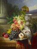 Hendrik Jan Hein, Jagdstillleben mit Früchten und Silberpokal, Öl auf Holz
