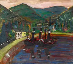 Friedrich Einhoff, Rheinschlepper vor bewaldetem Ufer, Öl auf Sperrholz