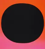Rupprecht Geiger, Rundes Schwarz/schwarz auf leuchtrot kalt bis rot-orange, Farbserigrafie auf Schoellerhammer