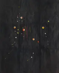 Dirk Stewen, Ohne Titel, Collage (Tusche, Konfetti, Fäden) auf aneinander montierten Fotopapieren