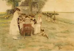 Mittagstafel am Rheinufer by Wilhelm Schreuer, Mischtechnik auf Karton, sold Nov 2015