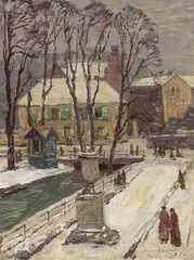 Hans Seyppel, Düsseldorf. Wintertag an der Düssel in der Goltsteinstraße, Öl auf Karton
