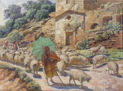 Carl Budtz-Møller, Personen met schapen in landschap, olieverf op doek