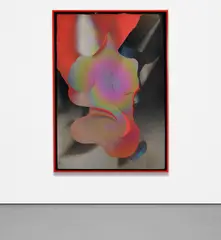 Larry Bell, CS 9.22.15, 2015, mixed media, aluminum and silicon monoxide on red Hiromi paper laid on canvas, in artist's frame