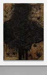 Glenn by Rashid Johnson, 2013, branded red oak flooring, black soap and wax, sold May 2019
