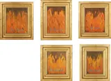 Francis Alÿs, Miss Amazonia, Miss Costa Rica, Miss Ecuador, Miss Lacandona, Miss Sumatra, 1993, embroidery and oil on canvas, in artist's frames, in 5 parts