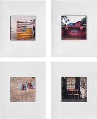 Zoe Leonard, Four works: (i) Yellow, Pink, Blue Bundle ; (ii) Coca Cola shack ; (iii) Two Pairs ; (iv) Drop Off A.M. Pick Up P.M., 2001, 4 dye transfer prints