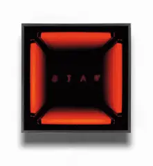 Iván Navarro, Stay, 2005, fluorescent light, color sleeves, mirror, one-way mirror, Plexiglas letters, wooden box and electrical energy