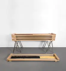 Work demographics by Oscar Murillo, 2014, wood, steel, copper brass, corn and black beans, offered May 2019