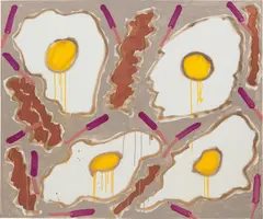Bacon + Eggs by Katherine Bernhardt, 2014, acrylic and spray paint on canvas, sold Sep 2019