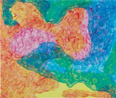 Analia Saban, Layer Painting (CMY): Still Life with Three Fish and One Vase (Abstract), 2009, acrylic and silkscreen ink on canvas