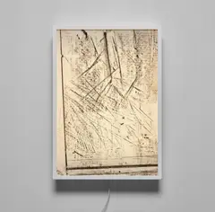 Virginia Overton, Untitled (work table rubbing), 2011, wood, paint, electrical wiring, bulbs and printed transparent film, in artist's frame