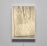 Virginia Overton, Untitled (work table rubbing), 2011, wood, paint, electrical wiring, bulbs and printed transparent film, in artist's frame
