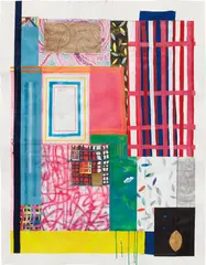 Sarah Cain, Autumn, 2008, scarves, beads, acrylic, latex, gouache, string, bell, gel medium, tinfoil, turquoise beads, and gold leaf on paper