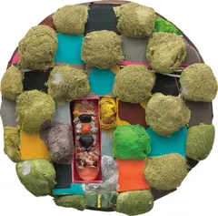 Brian Belott, Tondo Puff (green), 2016, cotton batting, colorfast paper, acrylic paint, matte medium, and remote control with matte medium, colored sand and stones