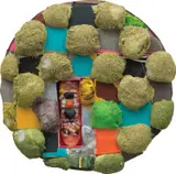 Brian Belott, Tondo Puff (green), 2016, cotton batting, colorfast paper, acrylic paint, matte medium, and remote control with matte medium, colored sand and stones