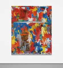 Elaine Sturtevant, Johns Painting With Two Balls, 1987, encaustic and paper collage on 3 joined canvases with metal brackets and 2 balls