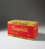 Campbell's Tomato Juice Box by Andy Warhol, 1964, silkscreen ink and house paint on plywood, sold Nov 2019