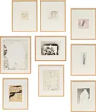 Andy Warhol, Nine works: (i) Large Female ; (ii) By the Beautiful Sea Shirley Booth ; (iii) Boys Upper Torso with Marbelized Background ; (iv) Male Head ; (v) Boys Head ; (vi) Caterpillars and Weaving ; (vii) Male Upper Torso ; (viii) Necklace ; (ix) Abstract Stenciled Image, 1957, (i) silver leaf and ink on Strathmore paper (ii, vii) ink on manila paper (iii) ink on Strathmore paper (iv, v) graphite on bond paper (vi) ink and tempera on Strathmore paper (viii) ink and graphite on Strathmore paper on board (ix) spray paint on Strathmore paper
