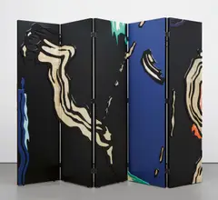 Screen with Brushstrokes by Roy Lichtenstein, 1986, acrylic and gold leaf on lacquered wood relief, in 5 joined parts, offered Nov 2019