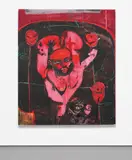 Jonathan Lyndon Chase, rose petals on bed, 2018, acrylic, marker, glitter, plastic stone and pastel on cotton bed sheet