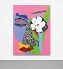 Untitled #10 by Mickalene Thomas, 2014, enamel, acrylic, oil, glitter, rhinestones, oil pastel, graphite and silkscreen on panel, sold Nov 2019
