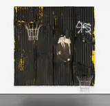 WB (Warn a Brotha) by Awol Erizku, 2017, house latex, spray acrylic and paper on corrugated metal with metal and chainlink basketball hoops, offered Nov 2019