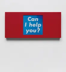 Barbara Kruger, Untitled (Can I help you?/Can I interest you in something in red?/Cash or charge?), 1987, lenticular photograph and painted wood