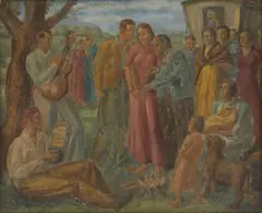 Untitled by Ethelbert White, A Romany wedding ceremony oil on board 51 x 60cm, sold Aug 2024