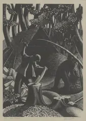 Untitled by Clare Leighton, 'Chair Bodgers' wood engraving, sold Aug 2024